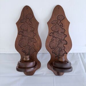 Vtg Two Hand Carved Wood Wall Sconce Candle Holder Floral Etched Craft Farmhouse